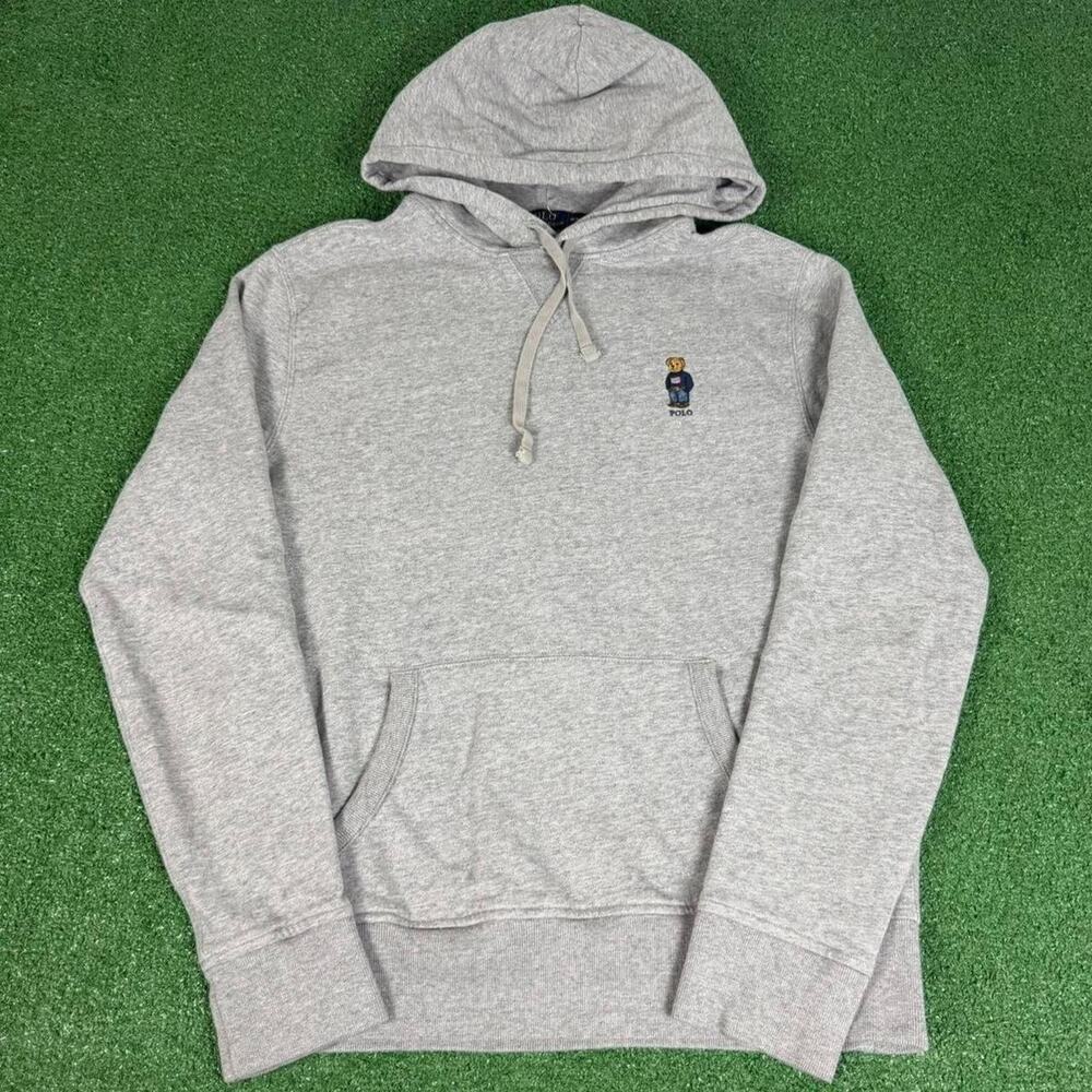 Polo Ralph Lauren Polo Bear Hoodie Gray Men’s Medium 2000s Embroidered Flag - Picture 1 of 5